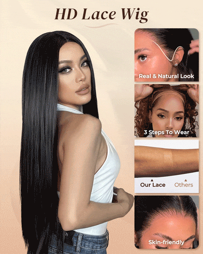 Arabella 13x6 Three-Go™ HD Lace Glueless Wig 250% High Density Full Ends Silky Straight With Drawstring Natural Black 100% Human Hair