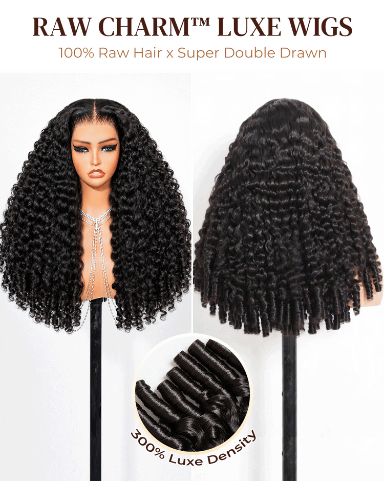 Arabella 13x6 Raw Charm Luxe™ Invisible HD Lace Glueless Wig 300% High Density Super Double Drawn Jerry Curly with Burmese Curly Natural Black 100% Raw Human Hair