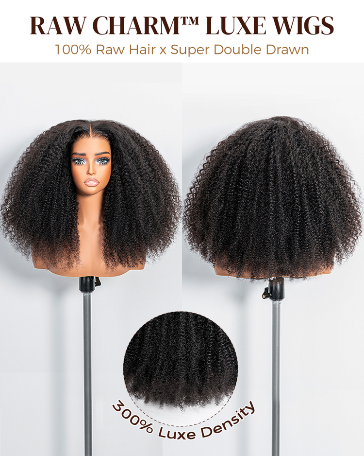 Arabella 13x6 Raw Charm Luxe™ Invisible HD Lace Glueless Wig 300% High Density Super Double Drawn Afro Curly Natural Black 100% Raw Human Hair