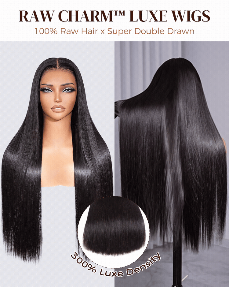 Arabella 13x6 Raw Charm Luxe™ Invisible HD Lace Glueless Wig 300% High Density Super Double Drawn Silky Straight Natural Black 100% Raw Human Hair