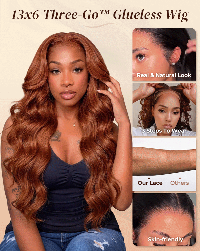 Arabella 13x6 Lace Three-Go™ Dark Copper Ginger Glueless Wig Loose Body Wave With Drawstring 100% Human Hair Wig