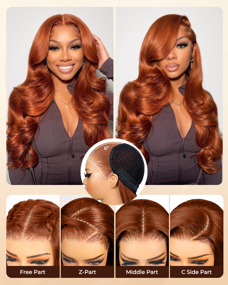 Arabella 13x6 Lace Three-Go™ Dark Copper Ginger Glueless Wig Loose Body Wave With Drawstring 100% Human Hair Wig