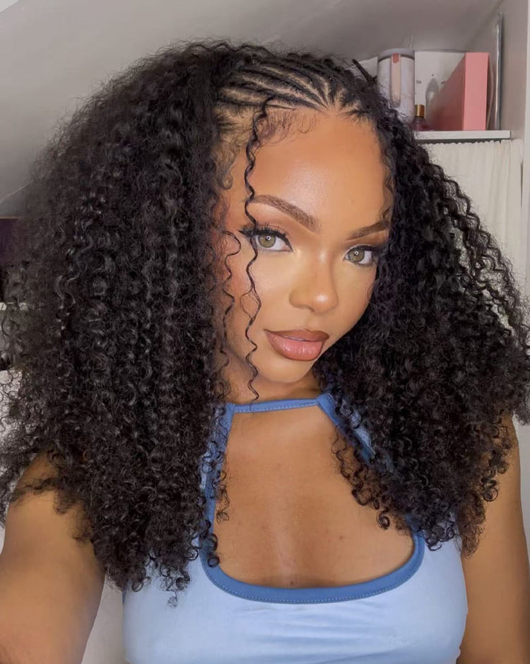 Arabella Boho Cornrow Braids 13x5 Lace Frontal Jerry Curly Bob Wig With Pre-Cut Lace Invisible Knots Natural Black Virgin Hair Wig