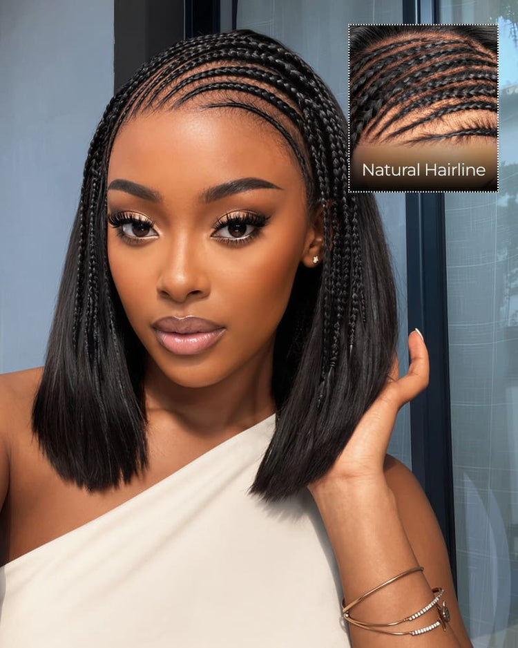 Arabella Fulani Cornrow Braids Wig Tyla Braided Bob Natural Black 13x5 Lace Frontal Straight Bob Wig