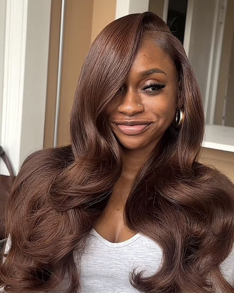 Arabella 13x4 Frontal Lace &amp; 6x5 Invisible Knots Glueless Chocolate Brown Body Wave/Silky Straight Wig Realistic Hairline