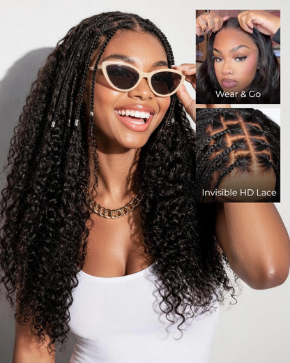 Arabella Zerowear™ Invisible HD Lace 250% High Density Knotless Box Braids 13x6 Lace Frontal Boho Deep Curly Wig Glueless Wig With Drawstring Natural Black 100% Human Hair Wig