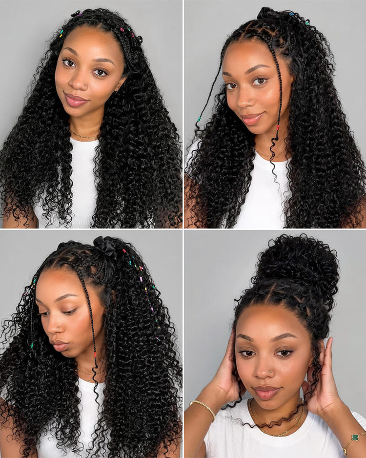 Arabella Zerowear™ Knotless Box Braids 13x6 HD Lace Frontal Boho Deep Curly Glueless Wig With Drawstring Natural Black 100% Human Hair