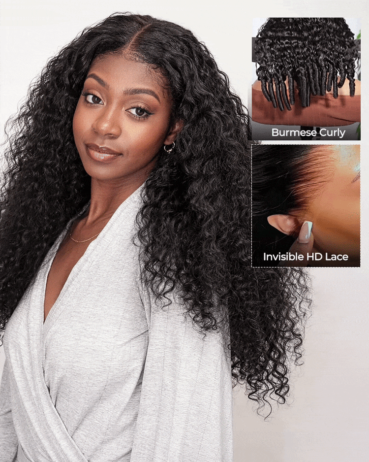 Arabella Zerowear™ 13x6 Invisible HD Lace Glueless Wig Jerry Curly with Burmese Curly With Drawstring Natural Black 100% Human Hair Wig