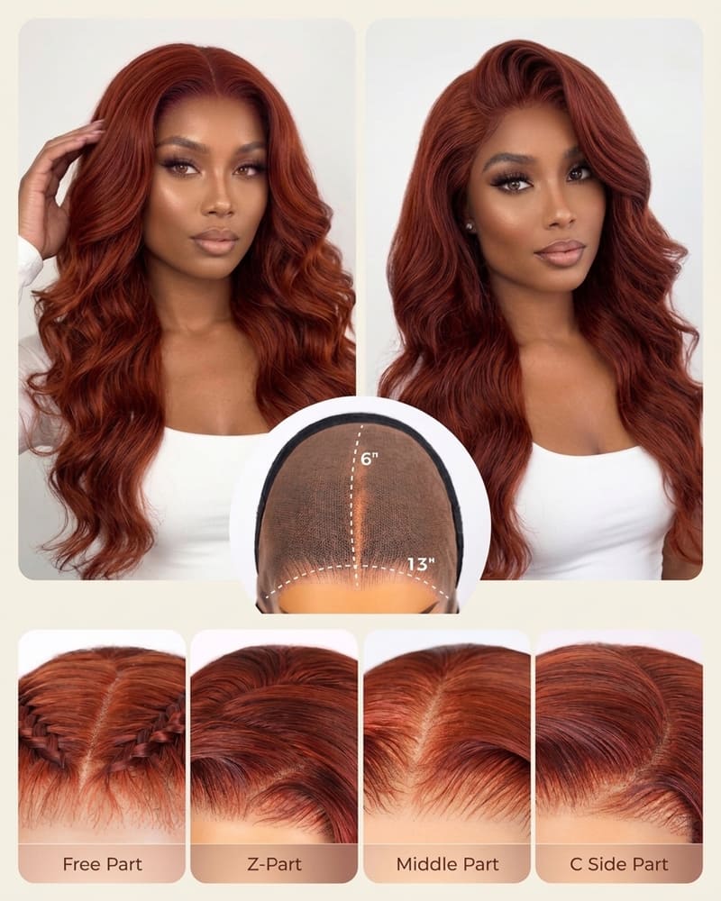 red human hair wigs​ free part styles, middle part