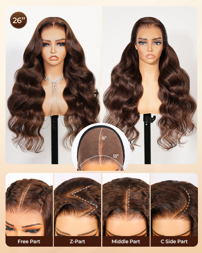 Arabella 13x6 Three-Go™ Chocolate Brown Glueless Wig Body Wave With Drawstring 100% Human Hair Wig