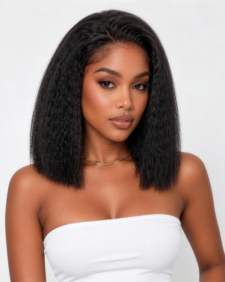 Arabella 3 In 1 Half Wig 250% Density Yaki Straight Bob Wig Invisible Drawstring Natural Black Endless Styles No Glue No Lace Install