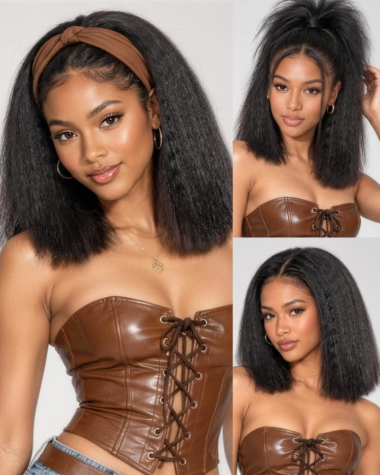 Arabella 3 In 1 Half Wig 250% Density Yaki Straight Bob Wig Invisible Drawstring Natural Black Endless Styles No Glue No Lace Install