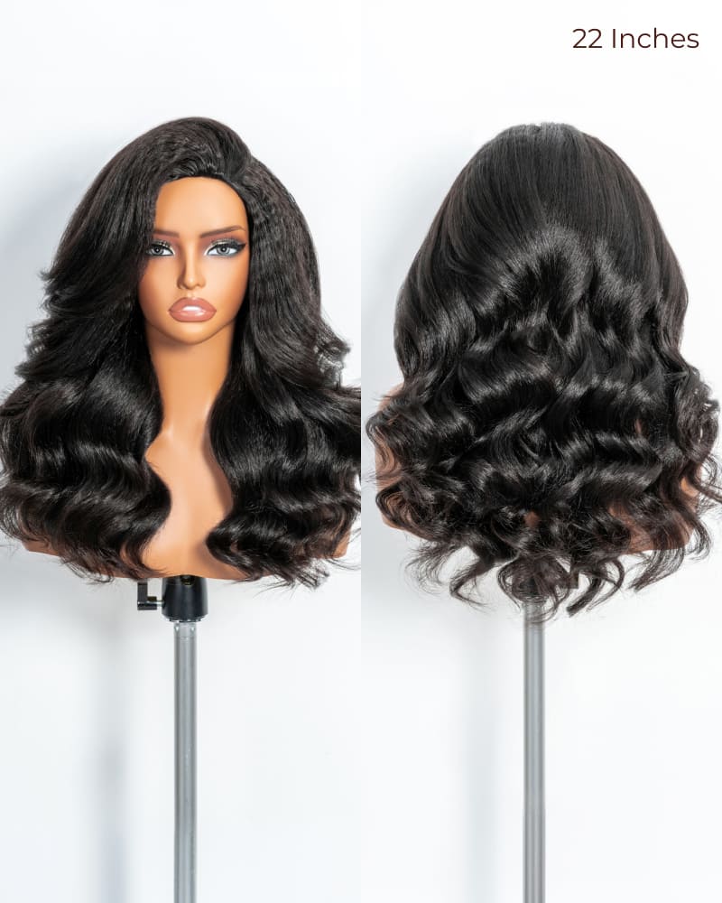 Arabella 3 In 1 Half Wig 250% Density Yaki Body Wave Wig Invisible Drawstring Natural Black Endless Styles No Glue No Lace Install