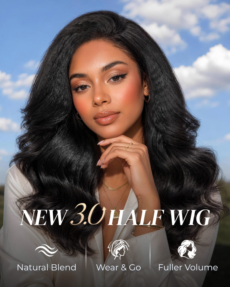 Arabella 3 In 1 Half Wig 250% Density Yaki Body Wave Wig Invisible Drawstring Natural Black Endless Styles No Glue No Lace Install