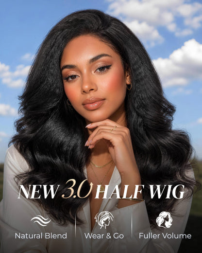 Arabella 3 In 1 Half Wig 250% Density Yaki Body Wave Wig Invisible Drawstring Natural Black Endless Styles No Glue No Lace Install
