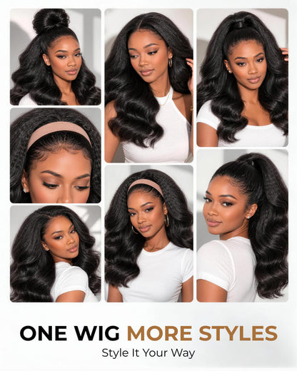 Arabella 3 In 1 Half Wig 250% Density Yaki Body Wave Wig Invisible Drawstring Natural Black Endless Styles No Glue No Lace Install