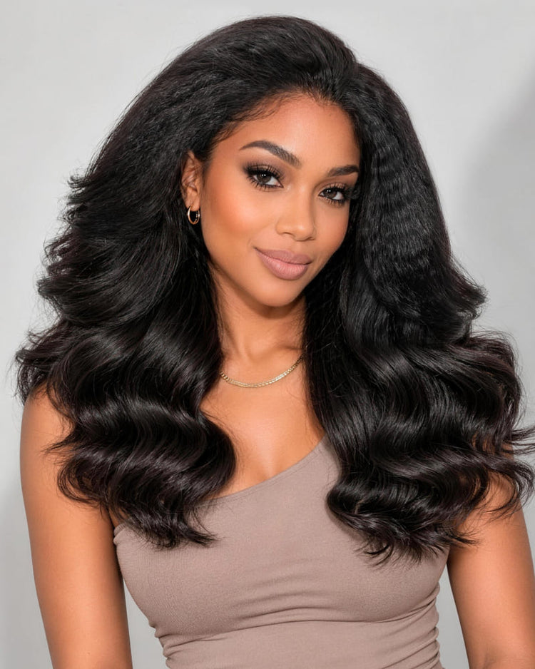 Arabella 3 In 1 Half Wig 250% Density Yaki Body Wave Wig Invisible Drawstring Natural Black Endless Styles No Glue No Lace Install
