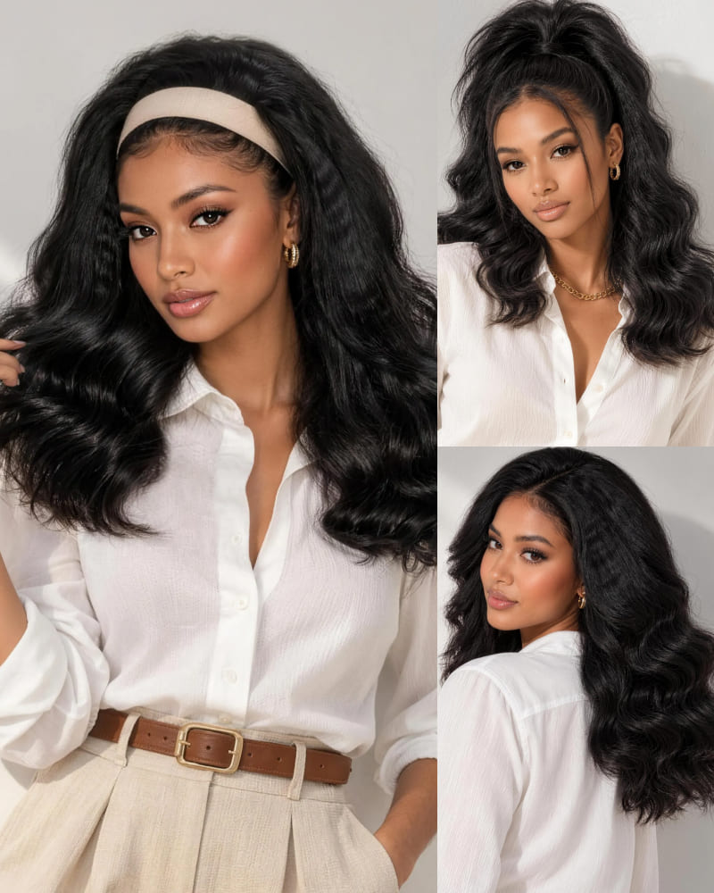 Arabella 3 In 1 Half Wig 250% Density Yaki Body Wave Wig Invisible Drawstring Natural Black Endless Styles No Glue No Lace Install