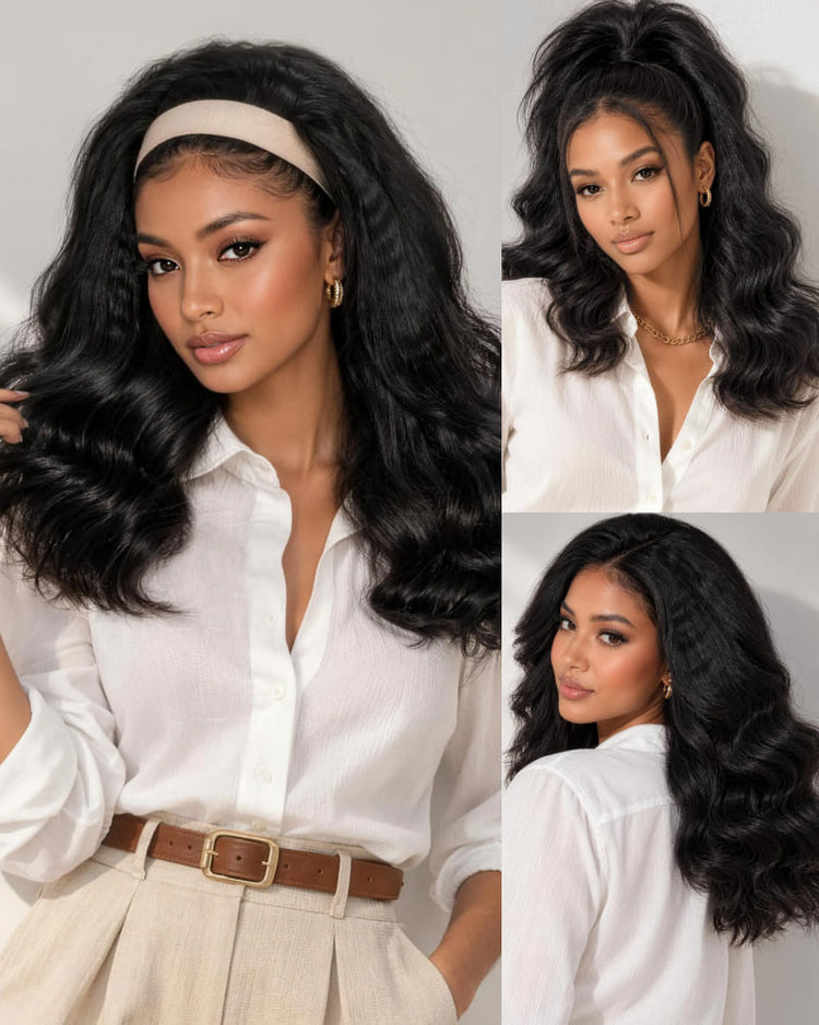 Arabella 3 In 1 Half Wig 250% Density Yaki Body Wave Wig Invisible Drawstring Natural Black Endless Styles No Glue No Lace Install