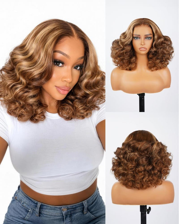 Arabella 6x5 Lace Glueless Honey Blonde Highlights On Brown Wig Bouncy Curly Wig Beginner Friendly