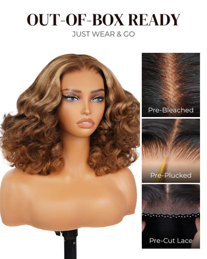 Arabella 6x5 Lace Glueless Honey Blonde Highlights On Brown Wig Bouncy Curly Wig Beginner Friendly