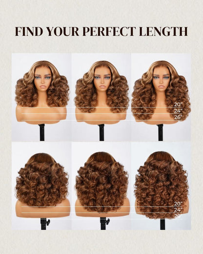 Arabella 6x5 Lace Glueless Honey Blonde Highlights On Brown Wig Bouncy Curly Wig Beginner Friendly