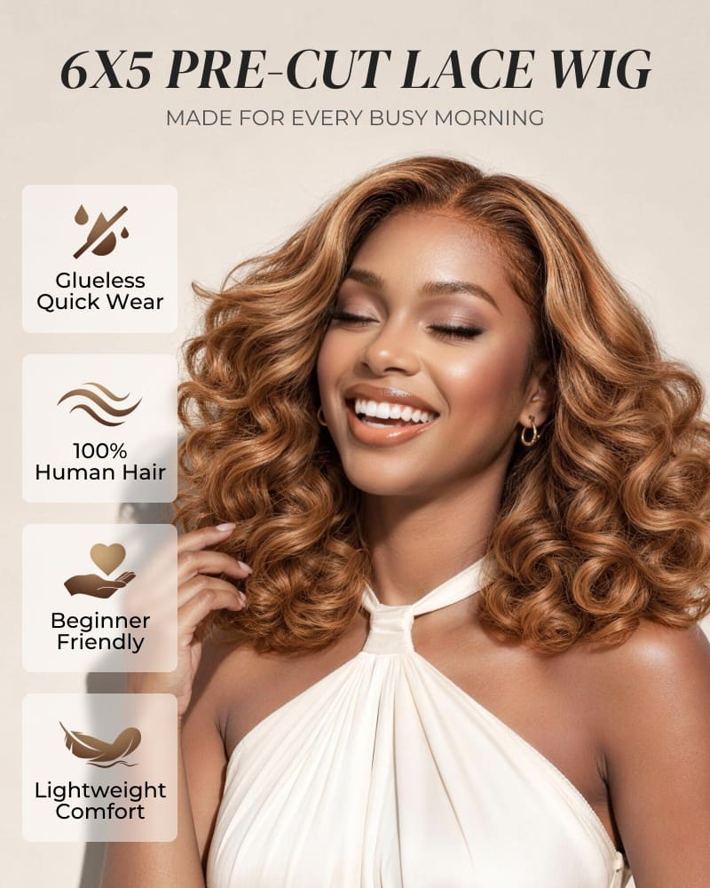 Arabella 6x5 Lace Glueless Honey Blonde Highlights On Brown Wig Bouncy Curly Wig Beginner Friendly