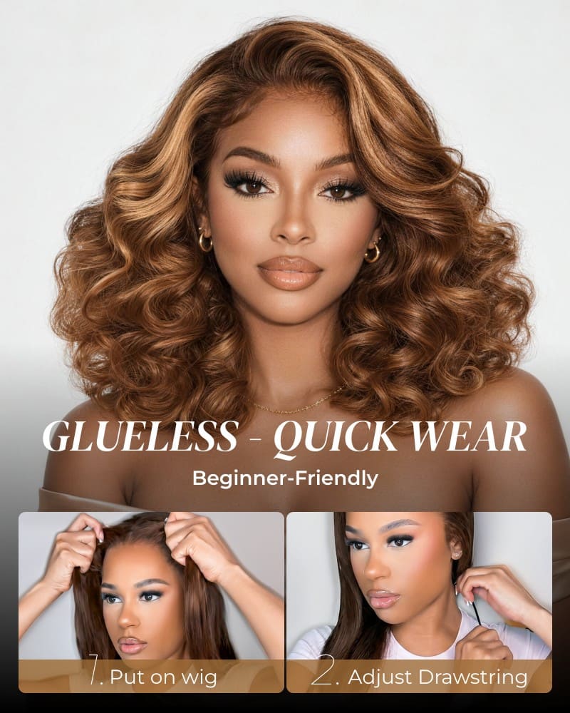Arabella 6x5 Lace Glueless Honey Blonde Highlights On Brown Wig Bouncy Curly Wig Beginner Friendly