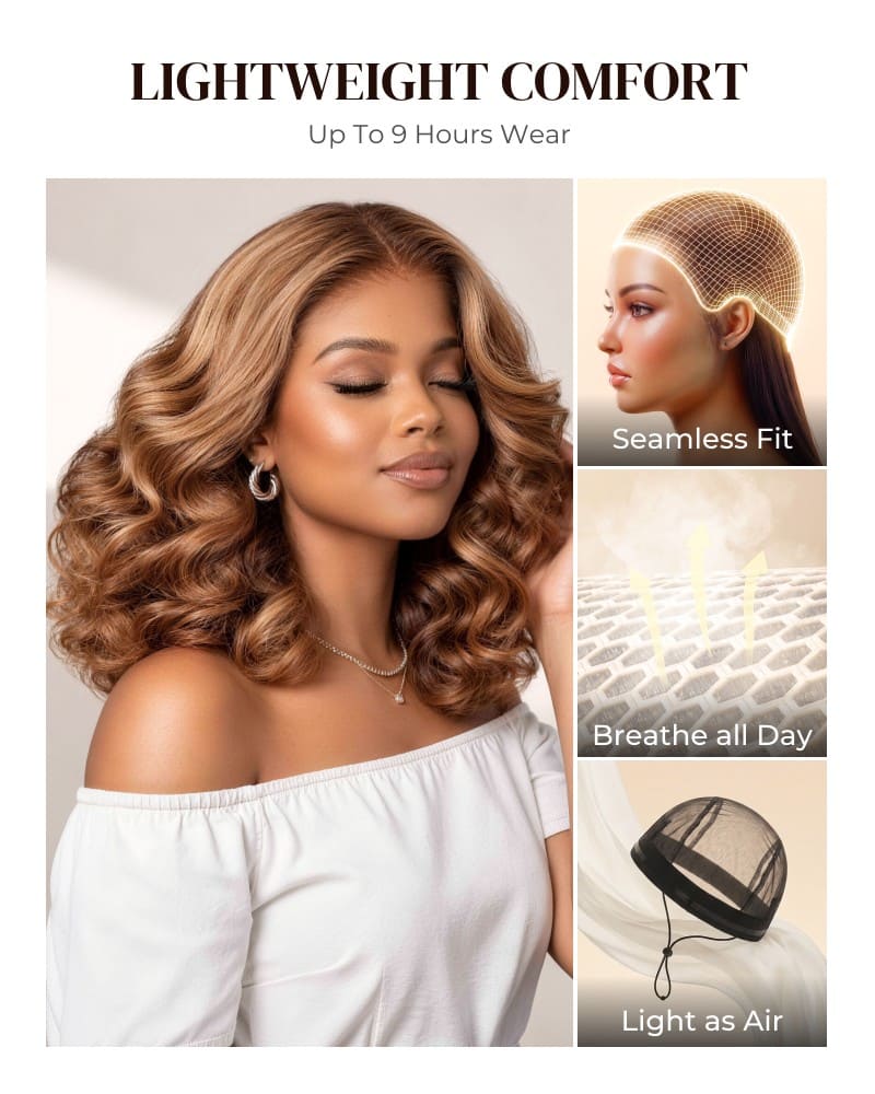 Arabella 6x5 Lace Glueless Honey Blonde Highlights On Brown Wig Bouncy Curly Wig Beginner Friendly