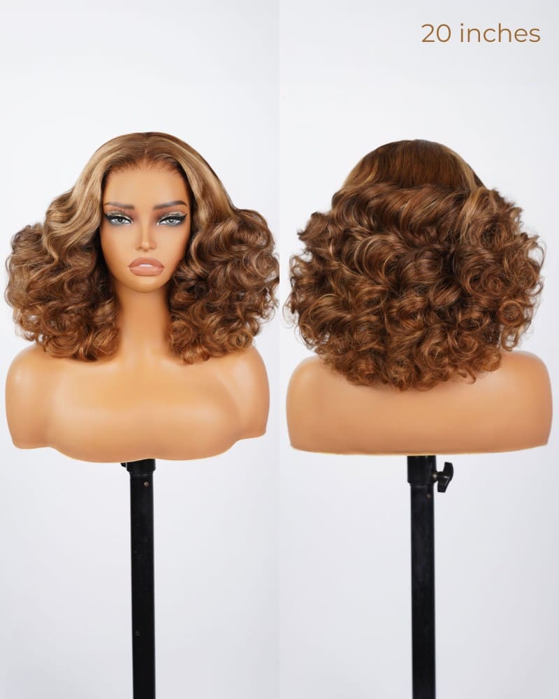 Arabella 6x5 Lace Glueless Honey Blonde Highlights On Brown Wig Bouncy Curly Wig Beginner Friendly
