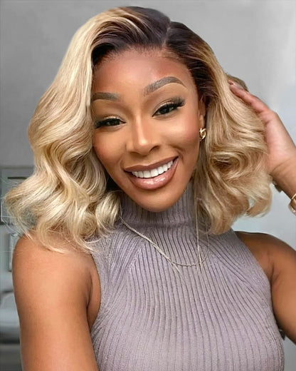 6x5 invisible knots Glueless Loose Body Wave Bob Wig Pre-cut Lace Brown Blonde Ombre