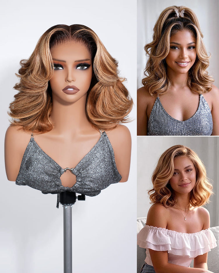 Arabella 13x6 Three-Go™ 250% High Density Ombre Highlight Honey Blonde Glueless Wig Loose Body Wave Bob Wig With Drawstring