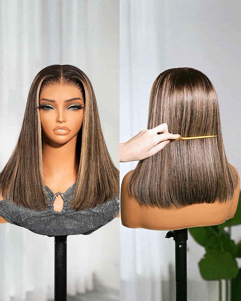 【BOGO】Arabella 13x6 Three-Go™ 250% High Density Ombre Platinum Blonde Balayage Highlights Old Money Bob Glueless Wig Straight Bob Wig  With Drawstring