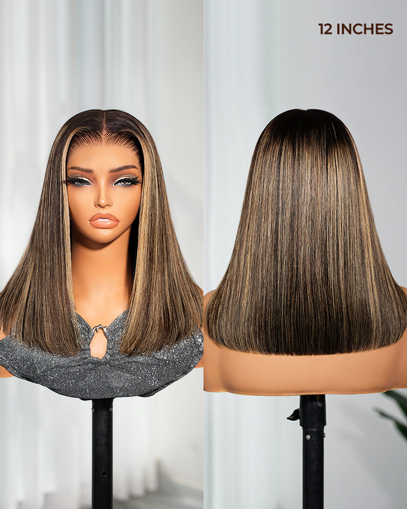 【BOGO】Arabella 13x6 Three-Go™ 250% High Density Ombre Platinum Blonde Balayage Highlights Old Money Bob Glueless Wig Straight Bob Wig  With Drawstring