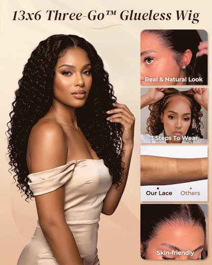 Arabella 13x6 Three-Go™ Natural Black Glueless Wig Jerry Curly with Burmese Curly With Drawstring 100% Human Hair Wig