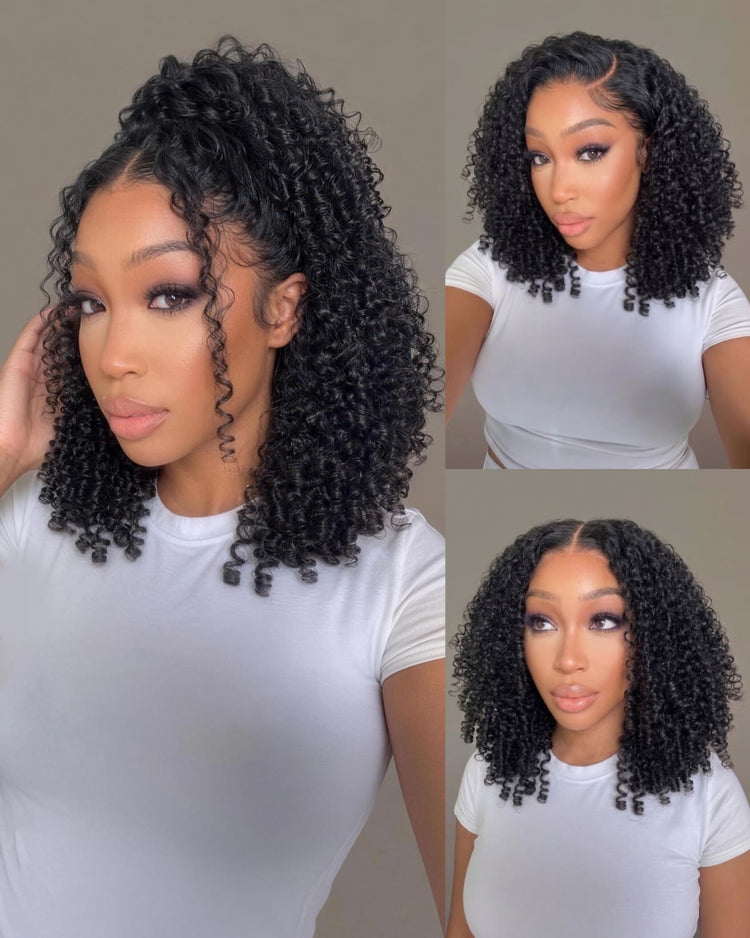Arabella 13x5 Lace Glueless Pixie Curly Bob Wig With Pre-Cut Lace Invisible Knots Natural Black Virgin Hair Wig