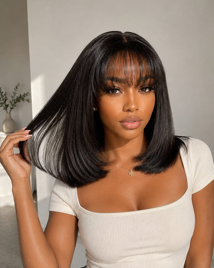 Arabella 6x6 Lace Straight Bob Wig Invisible Knots Natural Black with Bangs Glueless Beginner Friendly