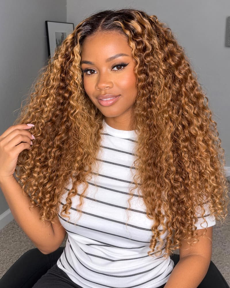 Arabella 13x6 Three-Go™ Ombre Highlight Honey Blonde Glueless Wig Jerry Curly with Burmese Curly With Drawstring 100% Human Hair Wig