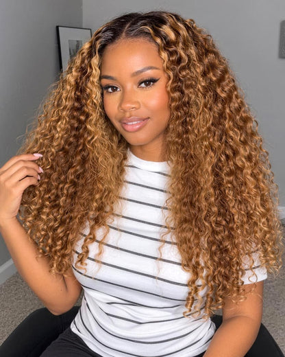 Arabella 13x6 Three-Go™ Ombre Highlight Honey Blonde Glueless Wig Jerry Curly with Burmese Curly With Drawstring 100% Human Hair Wig