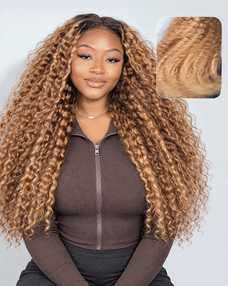 Arabella 13x6 Three-Go™ Ombre Highlight Honey Blonde Glueless Wig Jerry Curly with Burmese Curly With Drawstring 100% Human Hair Wig