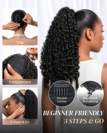 Arabella Jerry Curly with Burmese Curly Ponytail Natural Black Hair Extensions Instant Volume 100% Human Hair