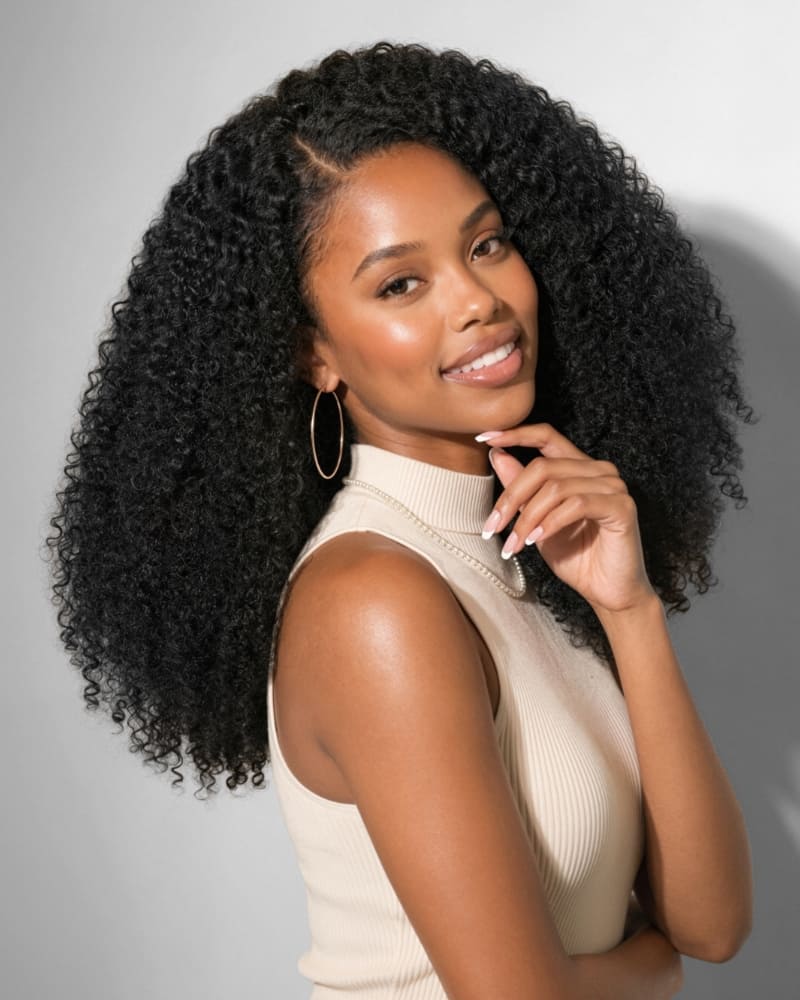Arabella V-Part Natural Black Afro Kinky Curly Wig + Crochet Hair Invisi Drawstring Upgrade Clip