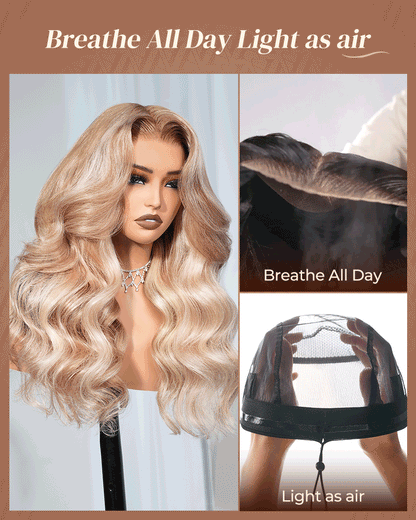 000Arabella 13x6 Three-Go™ Ash Blonde Highlight Glueless Wig Loose Body Wave With Drawstring 100% Human Hair Wig