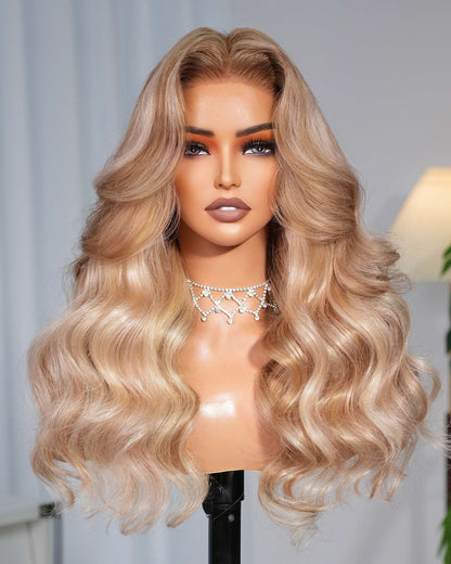 000Arabella 13x6 Three-Go™ Ash Blonde Highlight Glueless Wig Loose Body Wave With Drawstring 100% Human Hair Wig