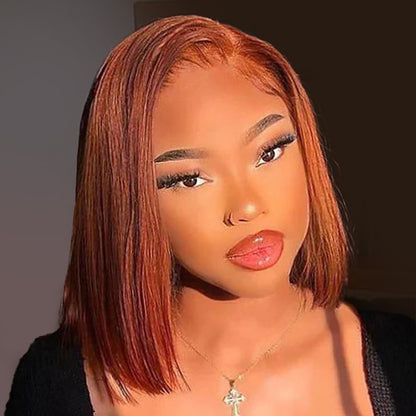 Minimalist Short Bob: Reddish Brown 6x5 Pre-Cut Lace Glueless Straight Human Hair Wig with Highlights