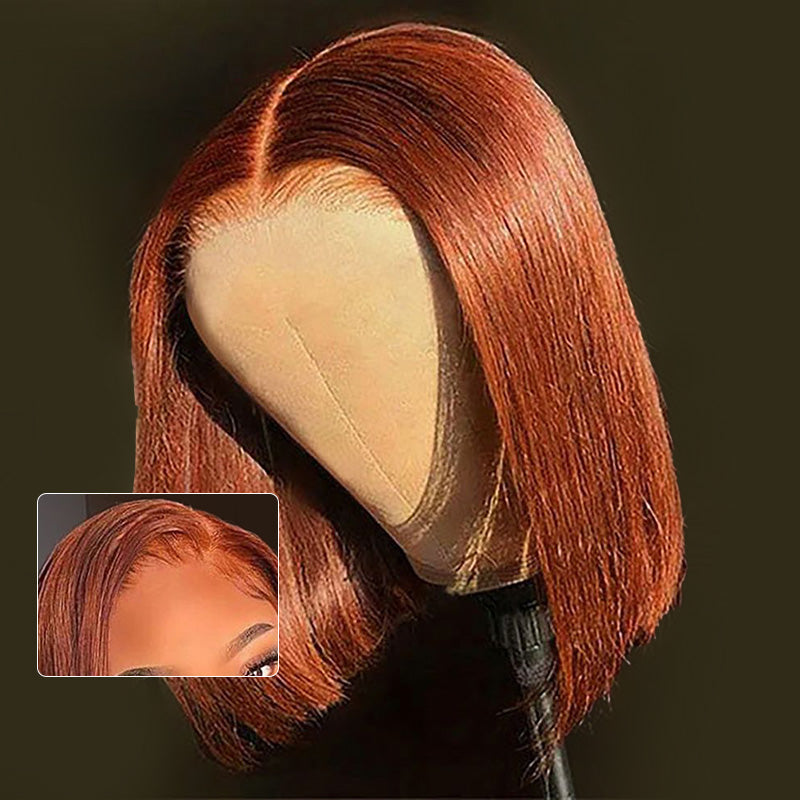 Minimalist Short Bob: Reddish Brown 6x5 Pre-Cut Lace Glueless Straight Human Hair Wig with Highlights