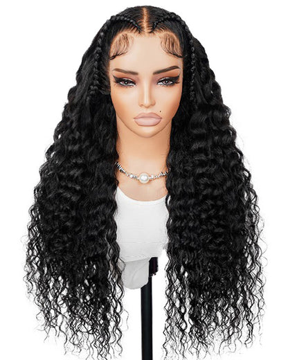 Halo Braided Water Wave 13x4 Lace Front Pre-Plucked Pre-Braid Style Natural Black Human Hair Wig