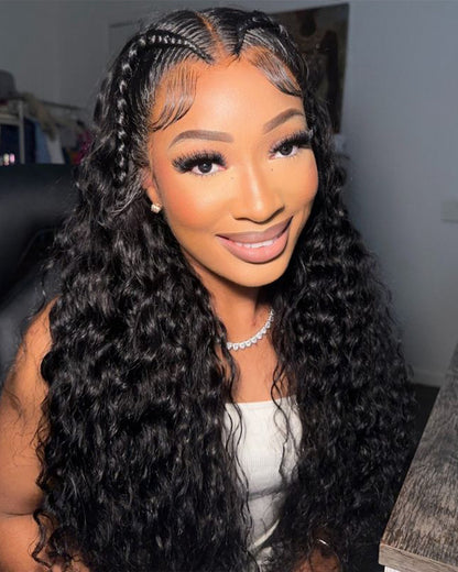 Halo Braided Water Wave 13x4 Lace Front Pre-Plucked Pre-Braid Style Natural Black Human Hair Wig