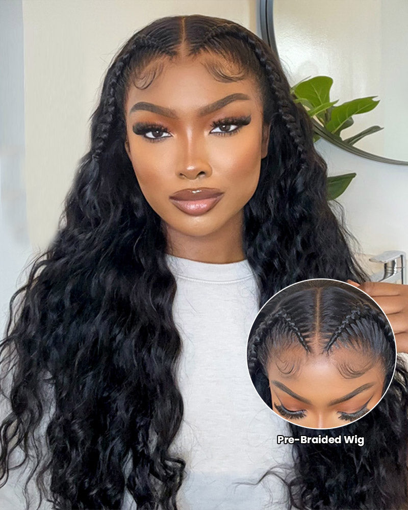 Halo Braided Water Wave 13x4 Lace Front Pre-Plucked Pre-Braid Style Natural Black Human Hair Wig