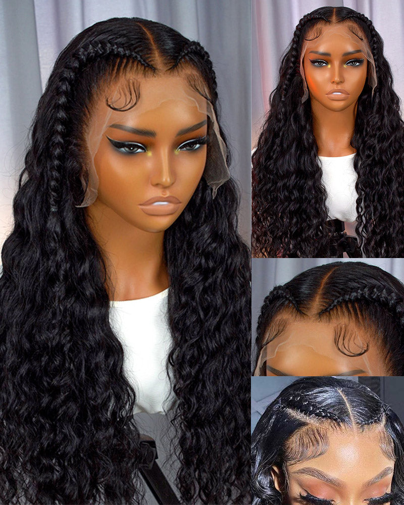 Halo Braided Water Wave 13x4 Lace Front Pre-Plucked Pre-Braid Style Natural Black Human Hair Wig